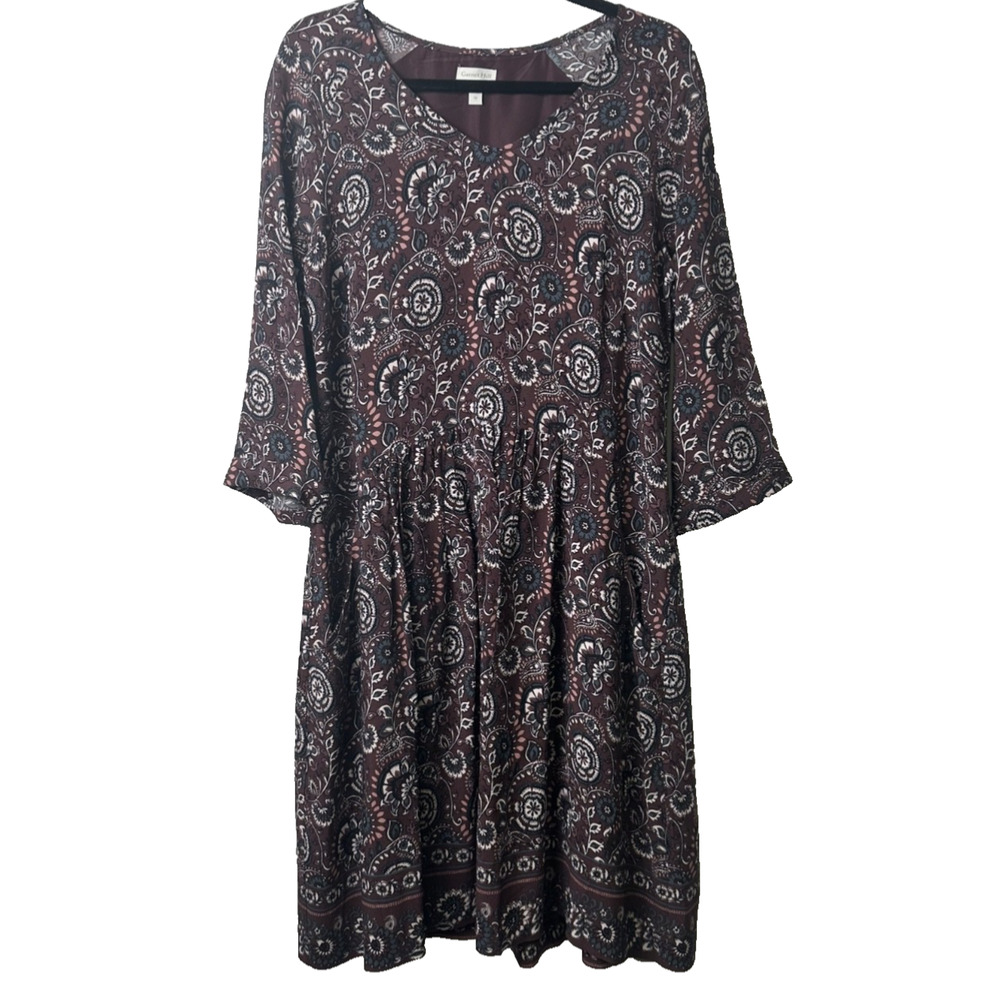 Garnet Hill Dress 10 Plum Purple Floral Paisley Knee 3/4 Sleeve Boho V Neck C3